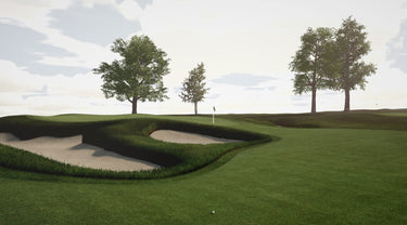 Virtual golf course with bunkers next to green on GSPro software